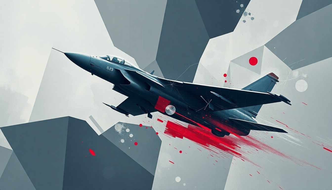 A dynamic, fragmented painting in shades of grey, navy, and red depicting a damaged military aircraft in motion, conveying the unpredictable and uncertain nature of the ongoing conflict between the U.S. and Iran.