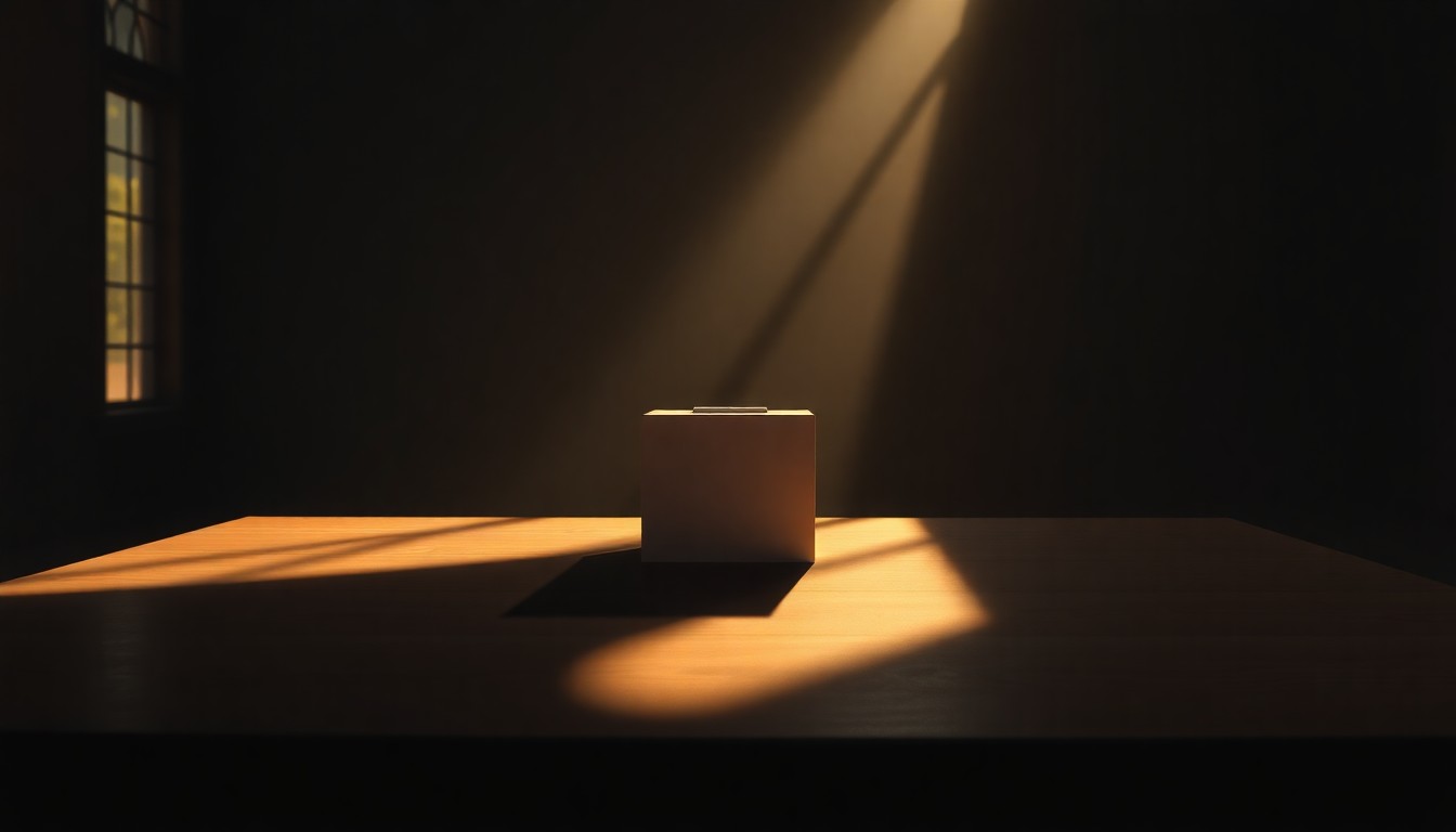 A close-up view of a simple wooden ballot box sitting alone on a table, the box's surface reflecting the warm glow of sunlight streaming in through a nearby window, creating a sense of contemplative solitude.