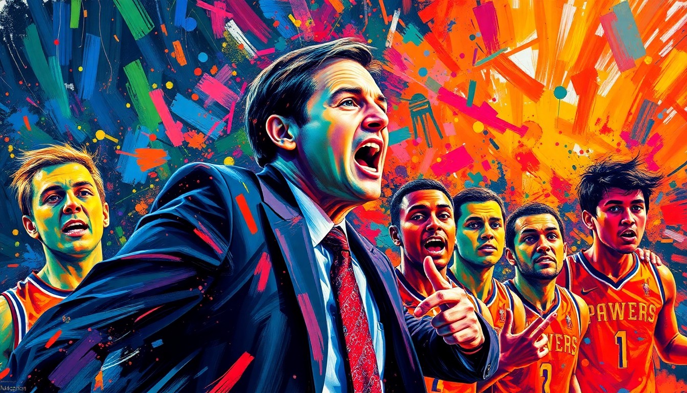 An abstract, energetic painting featuring bold brushstrokes of neon colors, capturing the passion and intensity of a basketball coach leading his team.