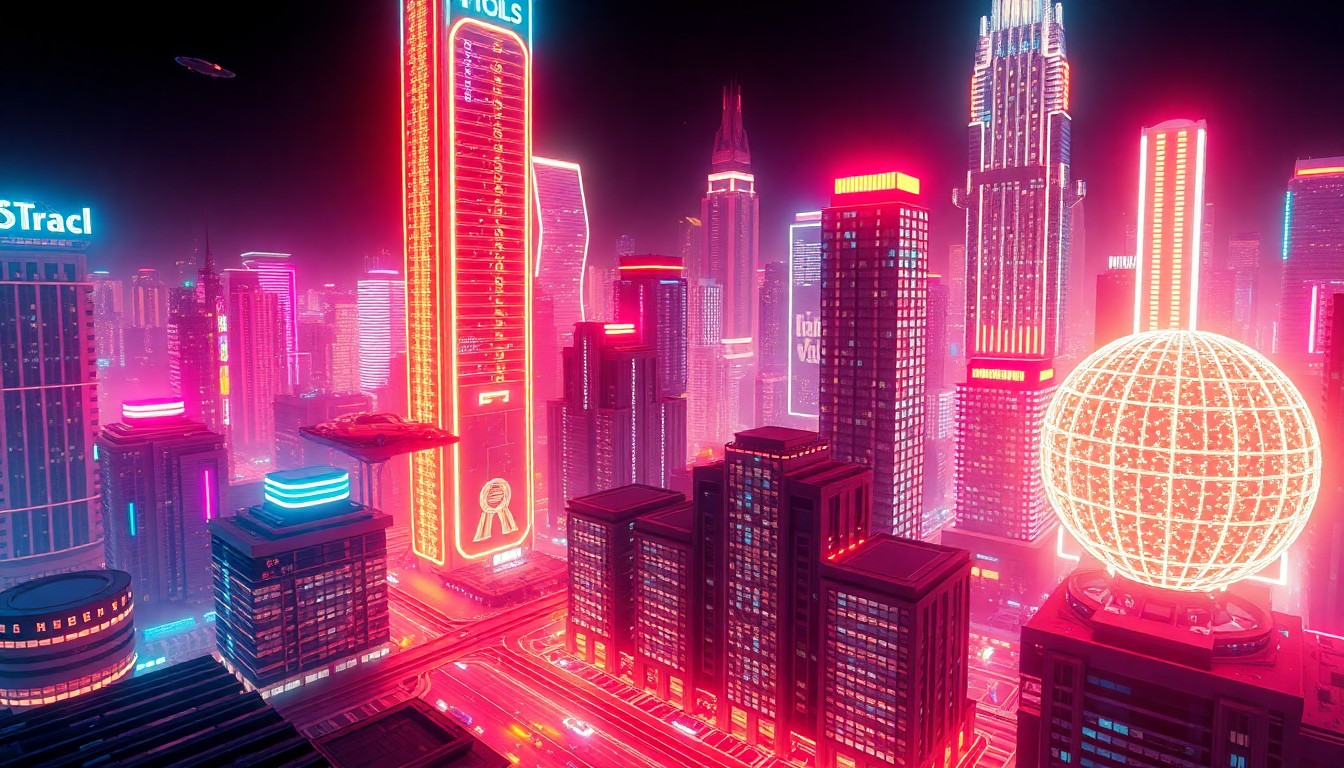 A vibrant, neon-infused 3D illustration of a futuristic cyberpunk cityscape, with towering skyscrapers, hovering vehicles, and glowing digital infrastructure, conceptually representing the innovative and technologically advanced games showcased at the event.