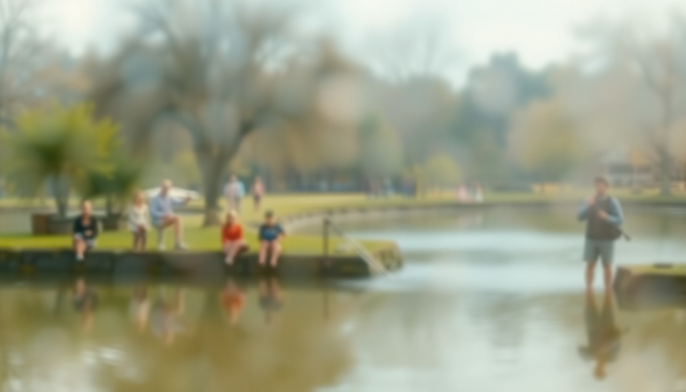 An extremely blurred, impressionistic photograph in warm, earthy tones depicting the peaceful atmosphere of people enjoying a community fishing pond, with only faint outlines of figures, trees, and water visible through the hazy, rain-streaked glass.
