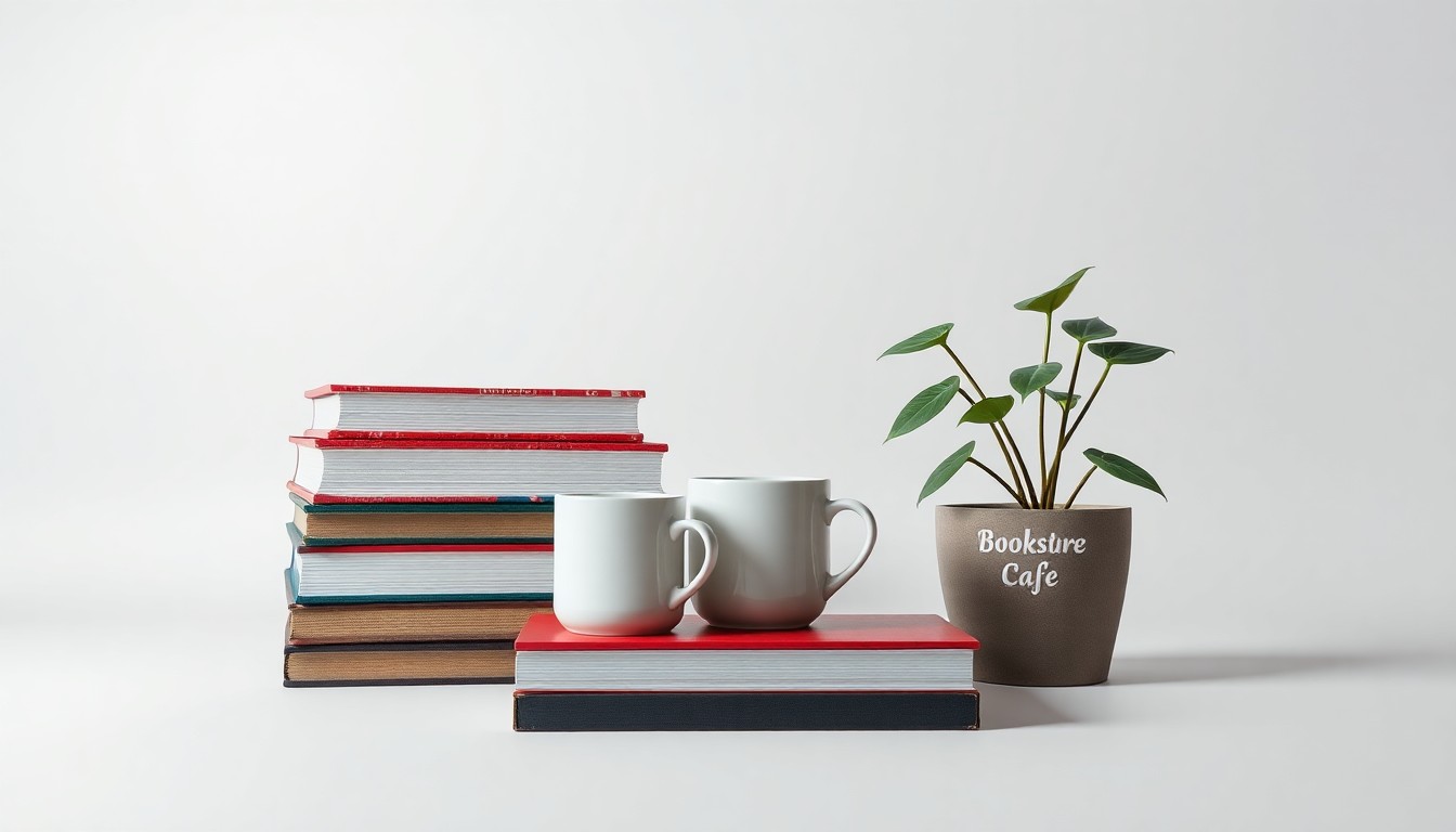 A minimalist studio still life photograph featuring a stack of hardcover books, a ceramic coffee mug, and a potted plant arranged elegantly against a clean, monochromatic background, conceptually representing the partnership between a local bookstore and cafe.