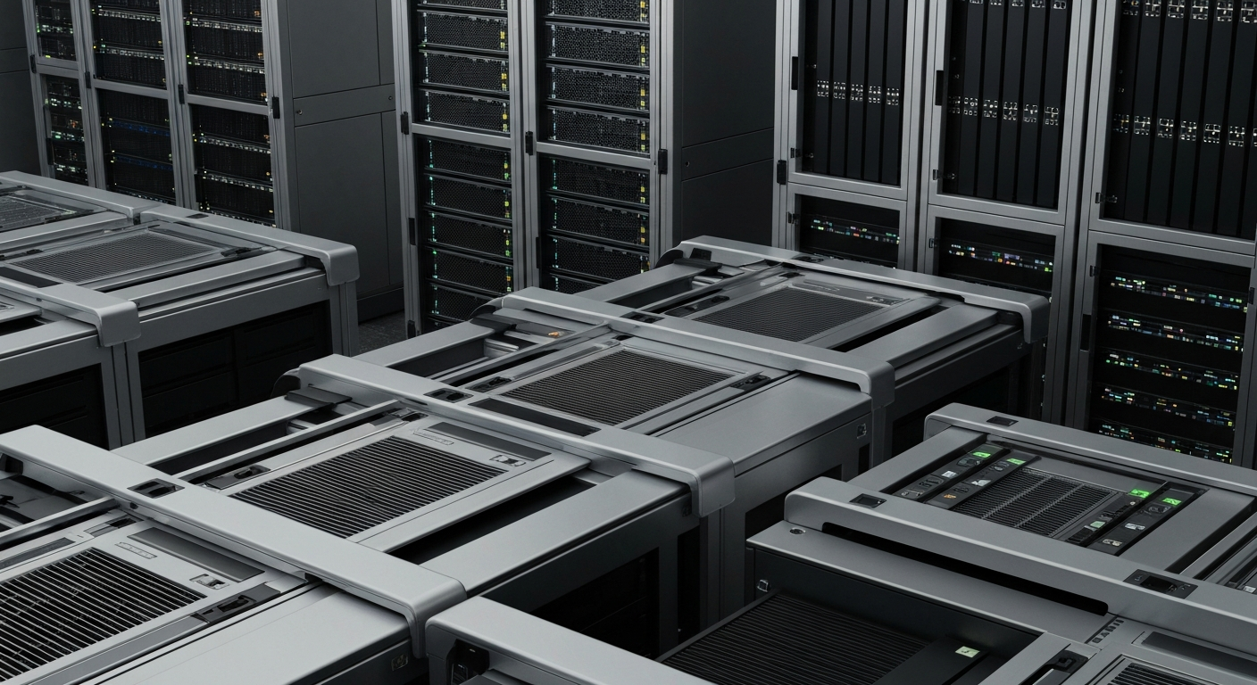 A dramatic, high-contrast close-up view of various banking and finance machinery, including servers, data storage units, and trading terminals, conveying the technical complexity and scale of modern finance without using any text or identifiable branding.