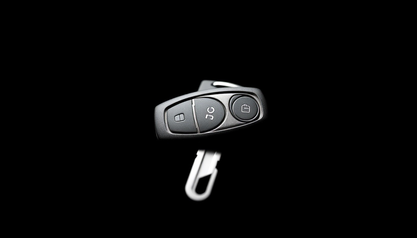 An extreme close-up photograph of a car key against a pitch-black background, lit by a harsh, direct camera flash, conceptually representing the crime of unauthorized vehicle use.
