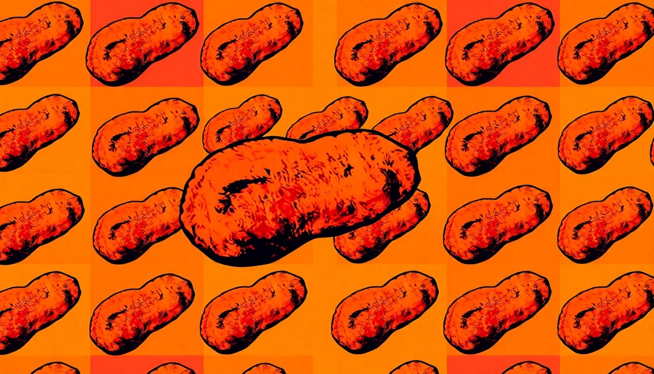 A brightly colored, high-contrast silkscreen print of a single, iconic fried chicken drumstick repeated in a tight grid pattern, utilizing flat, vibrant, and unnatural neon color palettes overlapping with heavy black photographic outlines to transform the everyday comfort food into modern pop art.