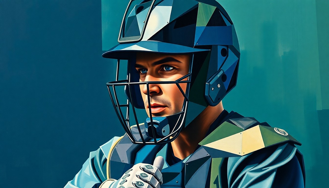 A fractured, cubist-style painting depicting the silhouette of a baseball catcher in full gear, broken down into sharp, overlapping geometric shapes in muted shades of blue and green, conveying the disruption caused by the Blue Jays' star catcher's injury.