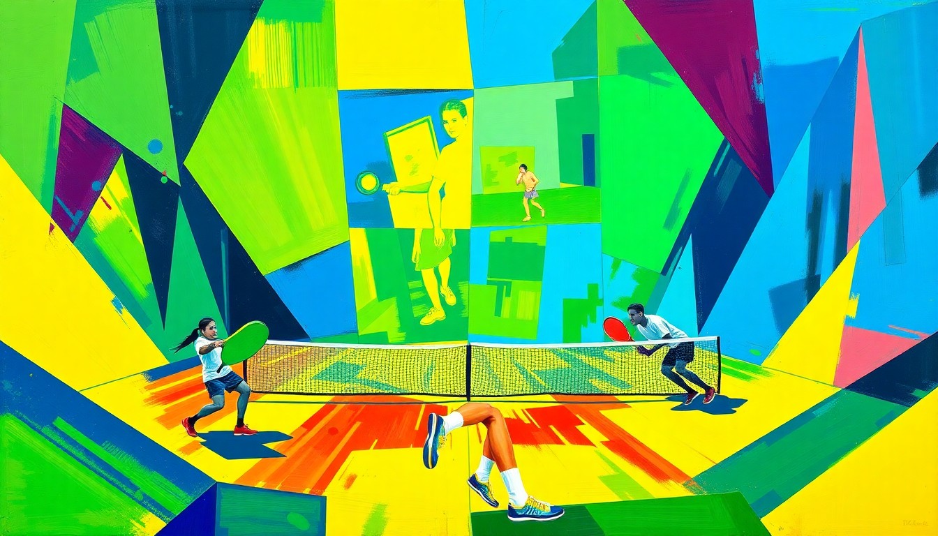 A dynamic, cubist-style painting depicting a pickleball match broken down into overlapping geometric shapes and planes in a bright, energetic color palette, conceptually representing the sport's rapid growth and the emergence of new professional talent.