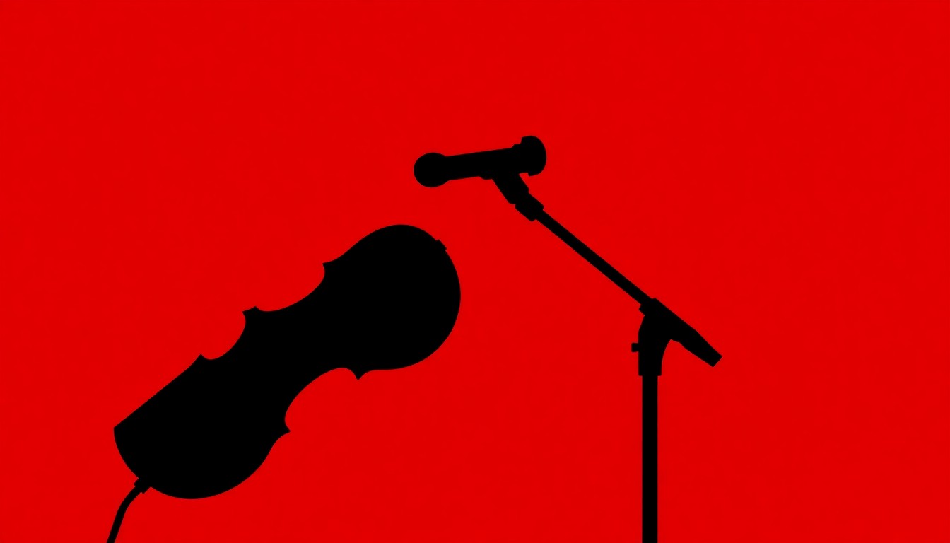 A dramatic black silhouette of a violin and microphone against a bold red background, representing the musical legacy of Suki Lahav and her brief but influential tenure with Bruce Springsteen's E Street Band.