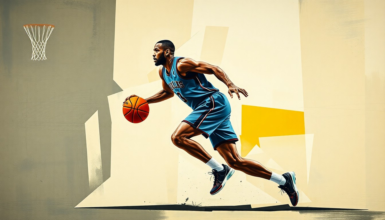 A cubist, geometric painting depicting a basketball player in motion, their form broken down into sharp, overlapping planes of color and shape, conveying a sense of athletic energy and fragility.