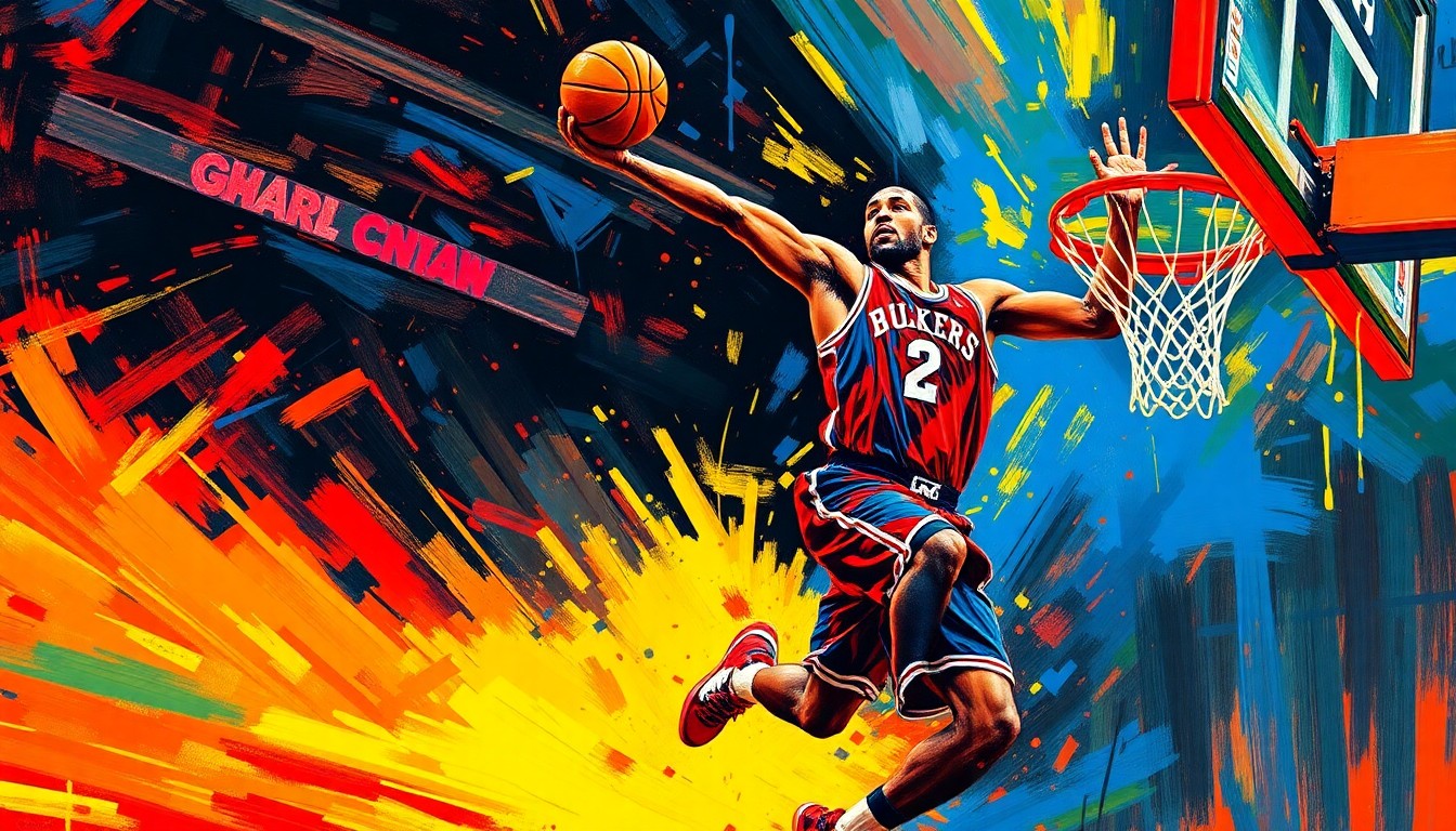 An abstract, energetic painting featuring bold, neon-colored brushstrokes that capture the dynamic movement and intensity of an NBA player driving to the basket, conceptually representing the impact of Jalen Duren's potential absence on the Pistons' playoff push.