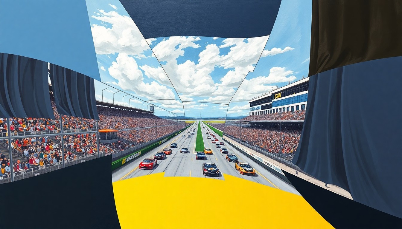 A fragmented, geometric painting depicting the dynamic movement and competition of a NASCAR race at Rockingham Speedway, with cars and track elements broken down into sharp, overlapping planes of color.