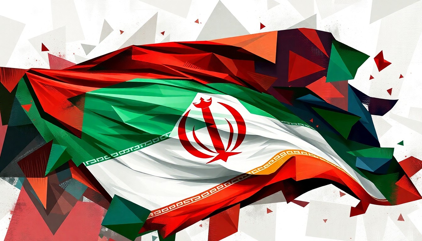 A vibrant, abstract painting featuring overlapping, fragmented shapes and waves of color representing an Iranian flag, conveying a sense of political turmoil and instability.