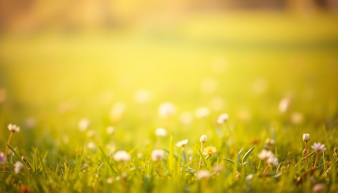 An extremely abstracted, out-of-focus photograph depicting a lush, green lawn with blurred flowers and foliage in the foreground, conveying a sense of tranquility and the rejuvenation of nature as spring arrives.