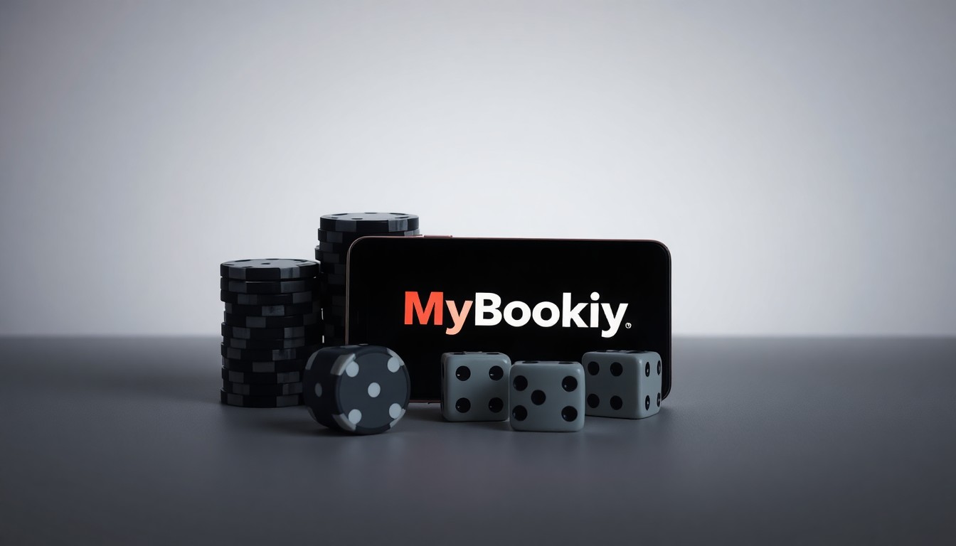 A photorealistic studio still life featuring a stack of casino chips, a pair of dice, and a smartphone displaying the MyBookie logo, all arranged elegantly on a clean, monochromatic background with dramatic lighting and shadows, symbolizing the abstract concepts of corporate strategy, finance, and market trust in the online gaming industry.