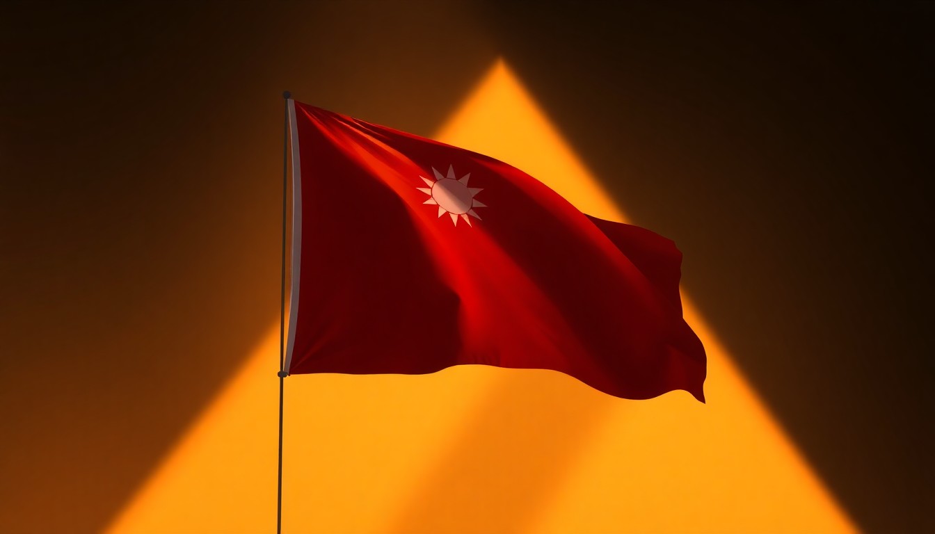 A serene, cinematic painting of a solitary Taiwanese flag waving in the wind, the fabric illuminated by warm, diagonal sunlight and deep shadows, evoking a sense of quiet resilience and determination.