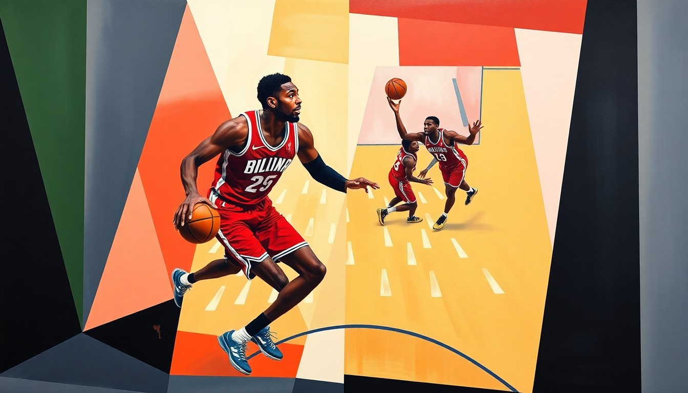 A fragmented, geometric painting depicting the competitive energy and dynamic movements of two basketball players, representing the MVP battle between Victor Wembanyama and Shai Gilgeous-Alexander.