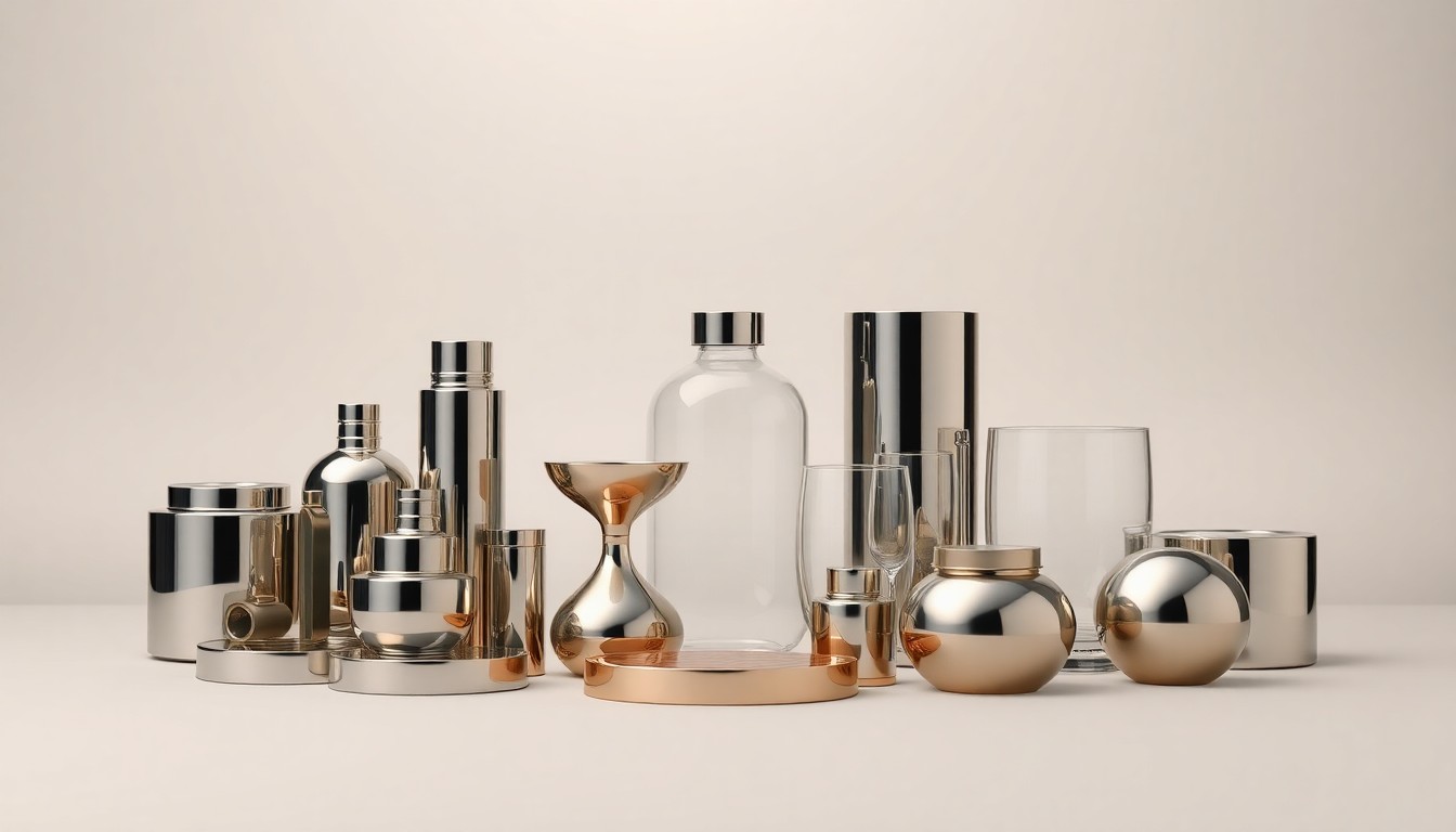 A high-end, photorealistic studio still-life photograph featuring a collection of premium, polished metal and glass objects arranged elegantly on a clean, monochromatic seamless background, conceptually representing the abstract challenges of corporate strategy, finance, and global supply chain disruption.
