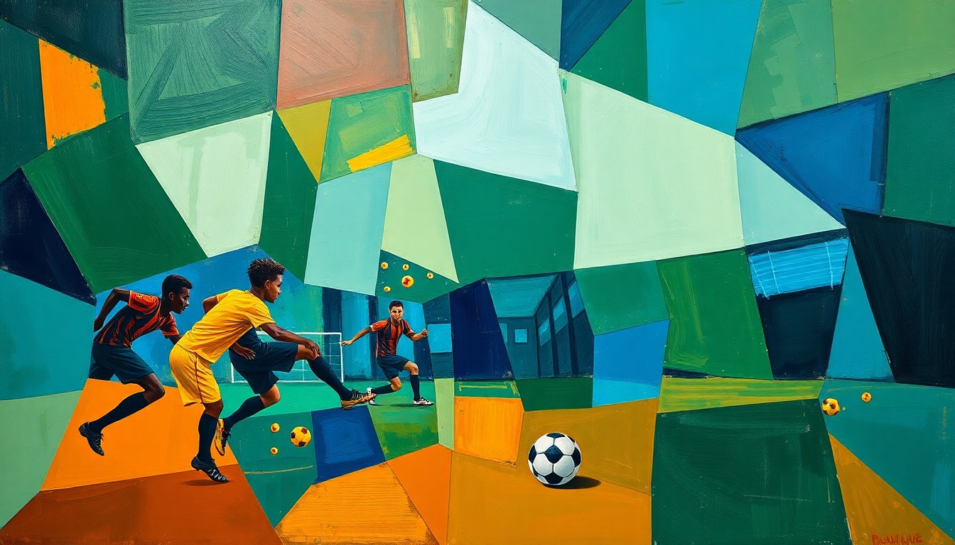 A cubist, geometric painting depicting a boys soccer match broken down into sharp, overlapping planes of deep green, royal blue, and burnt orange, conveying the intensity and effort of the game.