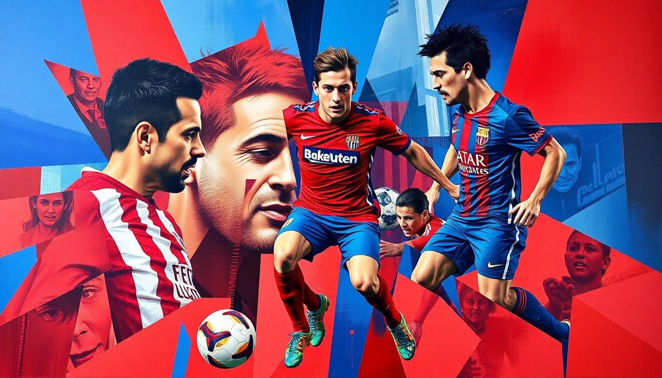 A fractured, geometric painting in bold red and blue hues, depicting the dynamic action and competing forces of an Atletico Madrid vs Barcelona soccer match in an abstract, deconstructed style.