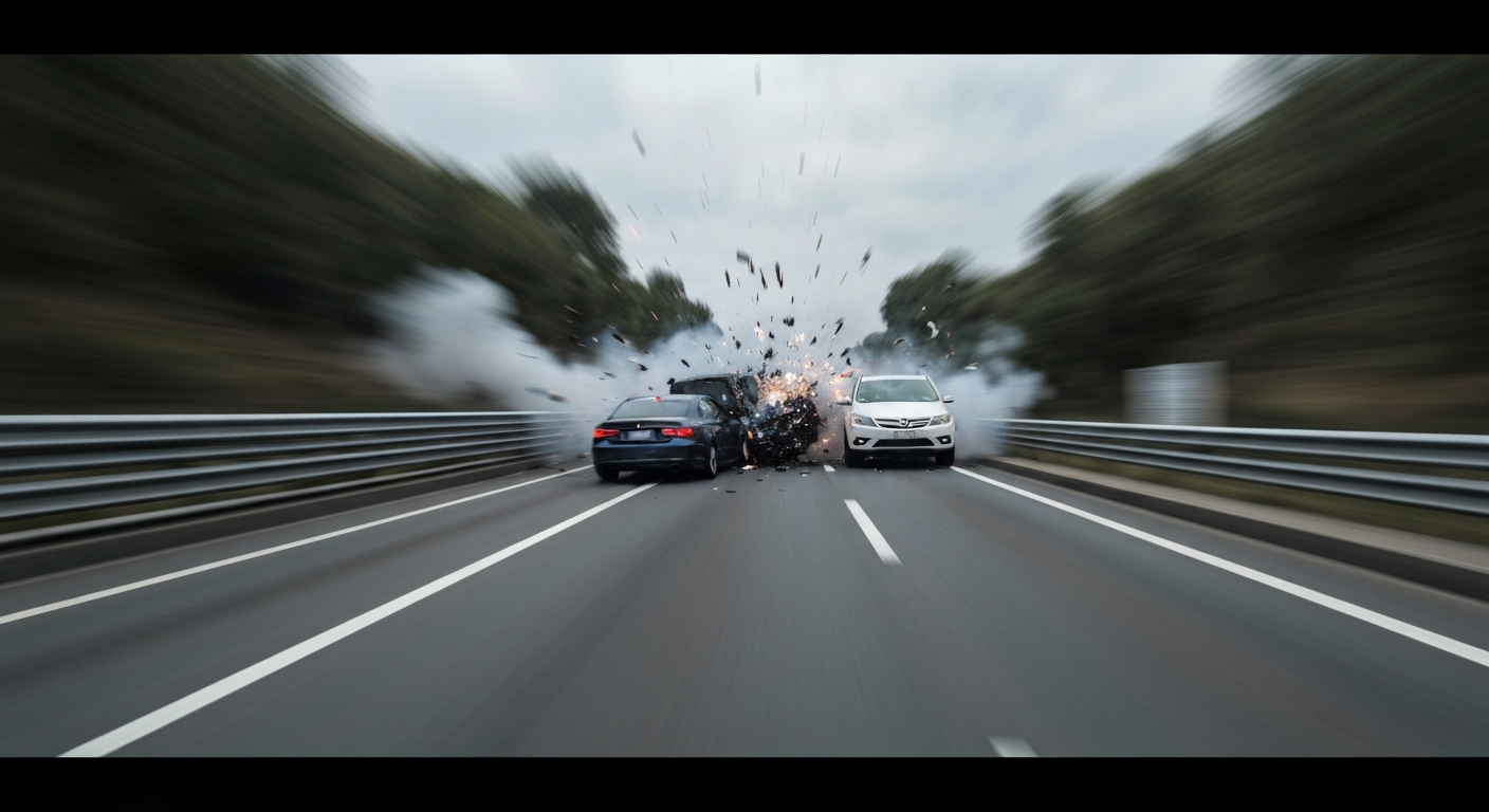 An abstract, blurred scene of motion in shades of gray, blue, and yellow, conceptually representing the chaos and speed of a highway collision.