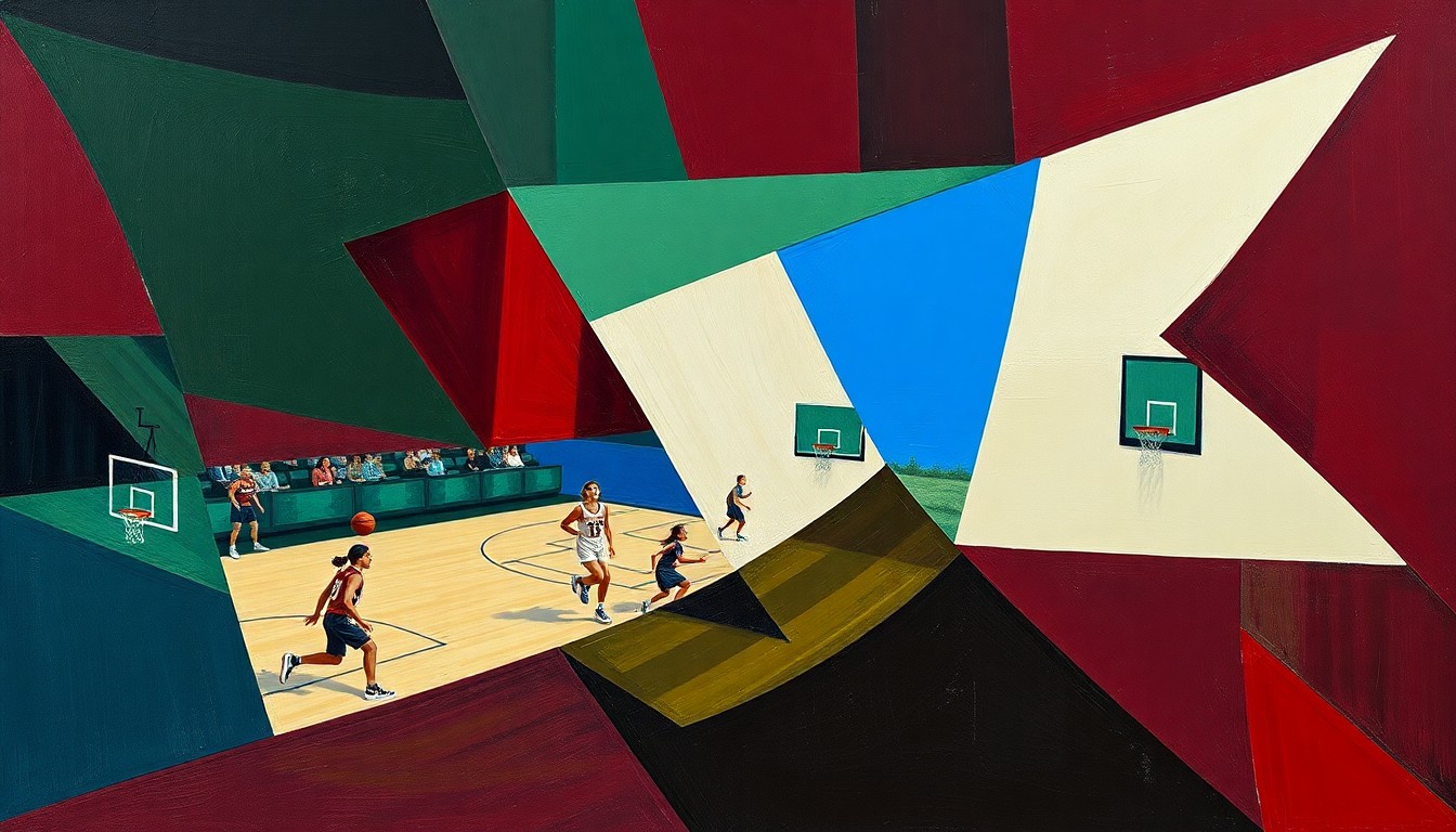 A fragmented, geometric painting in deep red, green, and blue tones, capturing the dynamic motion and energy of a girls' basketball game.