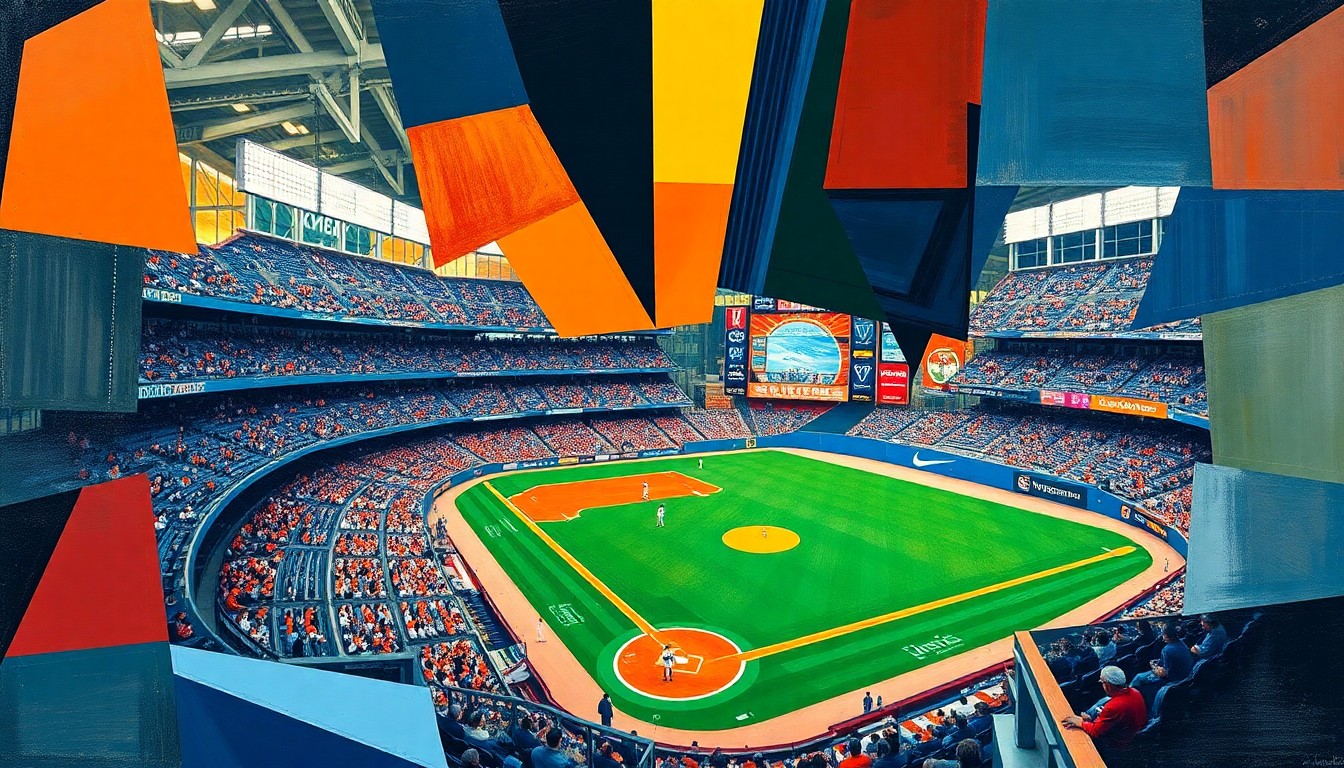 A fragmented, geometric painting depicting a baseball game between the New York Mets and San Francisco Giants, with the players and field broken down into sharp, overlapping shapes and planes.