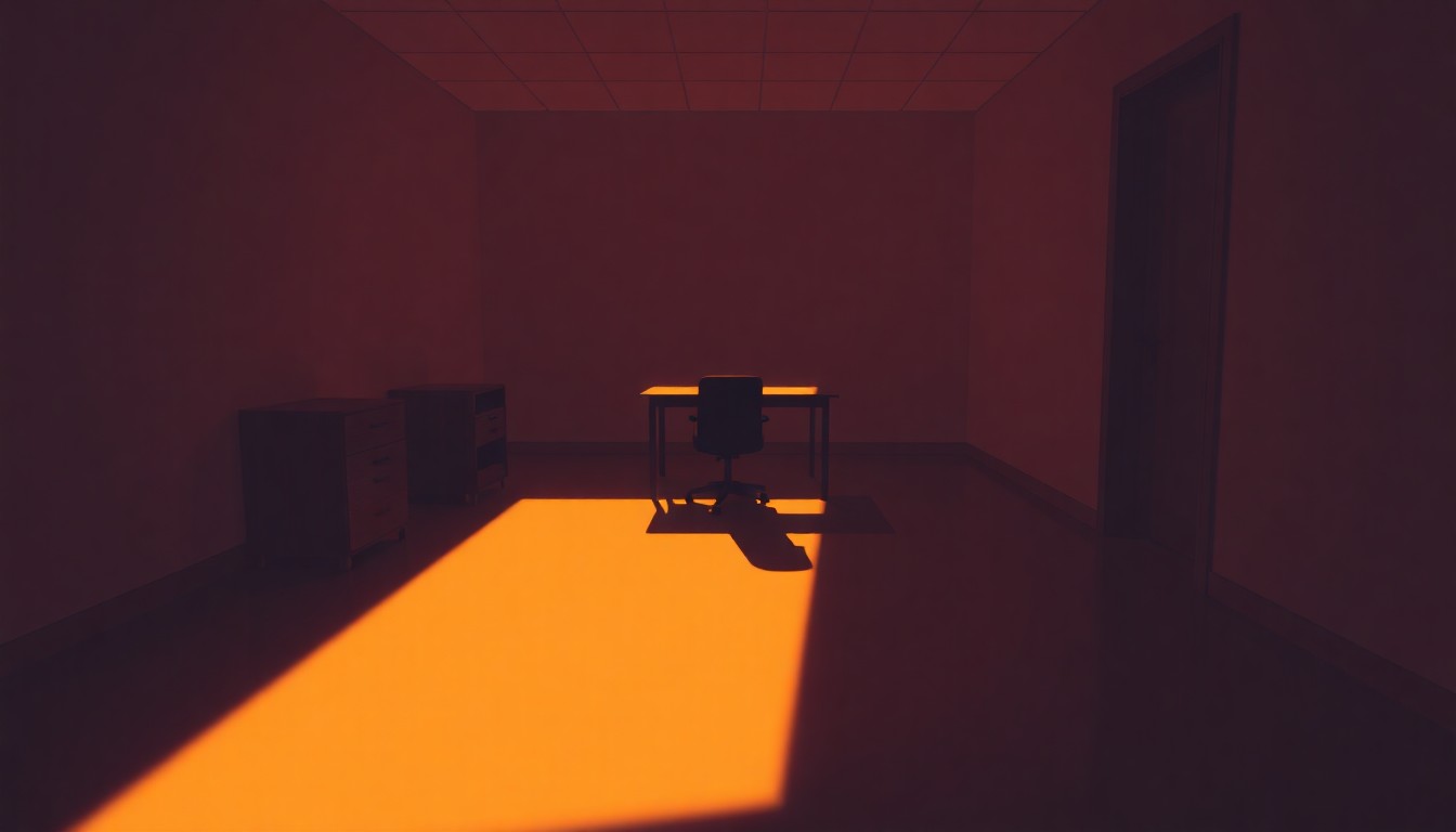 A dimly lit, cinematic office space with a lone desk and chair casting long shadows across the floor in warm, golden light, conveying a sense of quiet contemplation around the revocation of legal residency for family members of Iran's former military leadership.