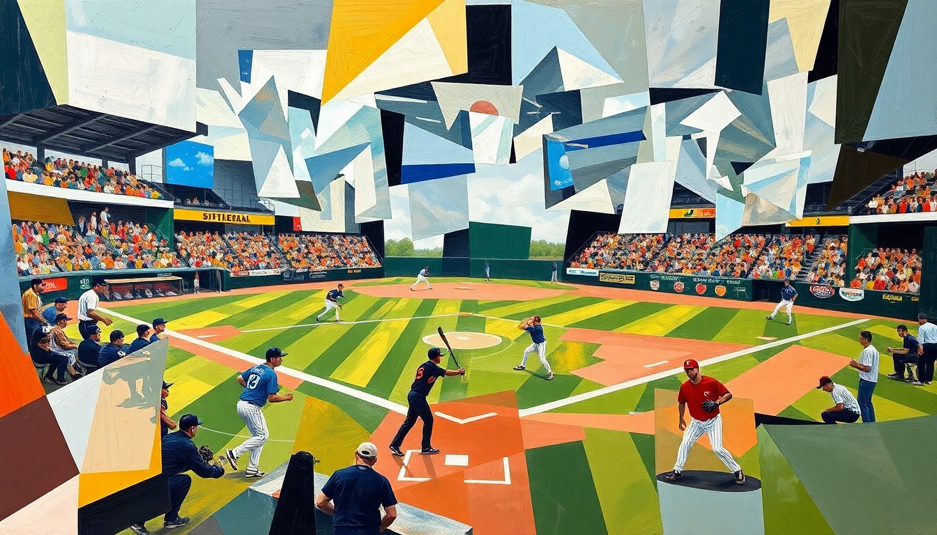 A fractured, cubist-style painting depicting the chaotic action of a high school baseball game, with players and the field broken down into overlapping geometric shapes and planes of color.