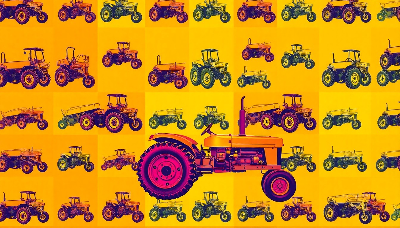 A brightly colored, high-contrast silkscreen print of a single, iconic farming tool repeated in a tight grid pattern, capturing the vibrant, pop art spirit of the Oglesby Agronomy Summit.