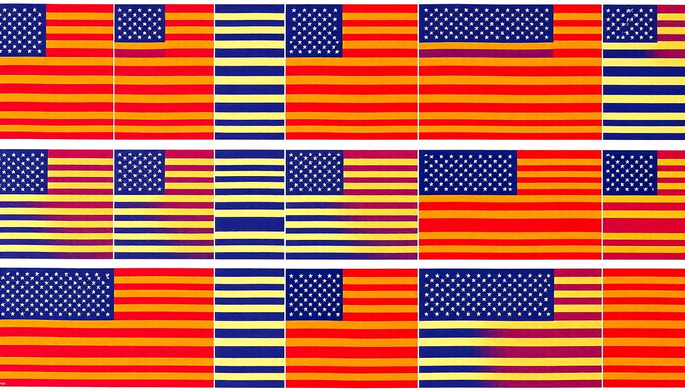 A bold, stylized illustration of the American flag repeated in a grid pattern, using bright neon colors and heavy black outlines to create a modern pop art aesthetic that celebrates the patriotic spirit of a small-town festival.