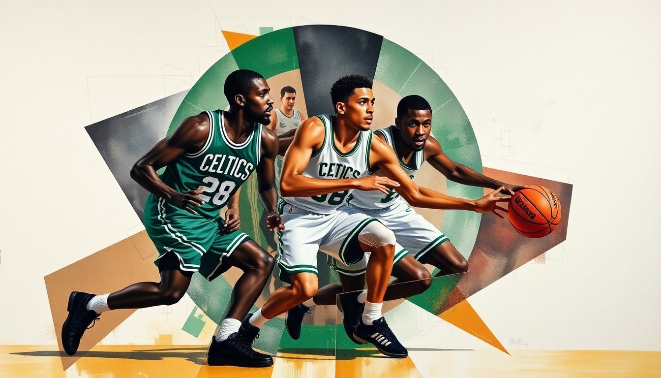 A cubist, geometric painting depicting a Celtics fast break play with Tatum, Brown, and Queta, the players' forms fractured and overlapping in a dynamic, abstract composition.
