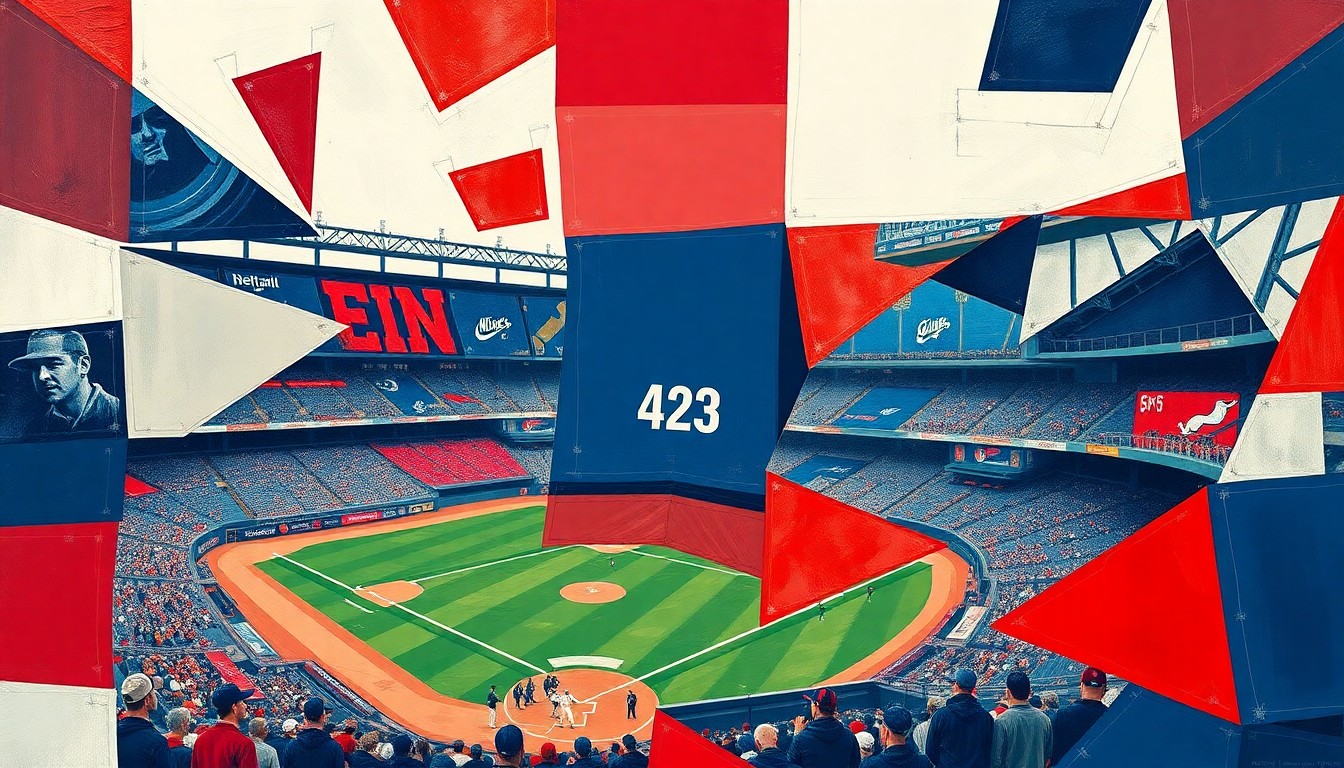 A cubist, geometric painting in navy blue, red, and white, depicting a fragmented, multi-perspective view of a baseball game, capturing the energy and movement of the sport without any recognizable figures or logos.