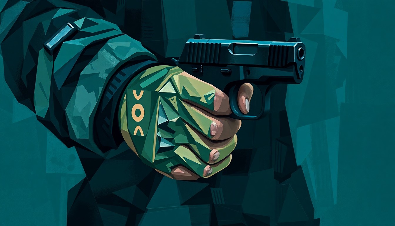 A dynamic, fragmented painting depicting a soldier's hand tightly gripping a handgun, the image broken into overlapping geometric shapes in shades of blue, green, and grey, conveying a sense of tension and unease around the policy change.