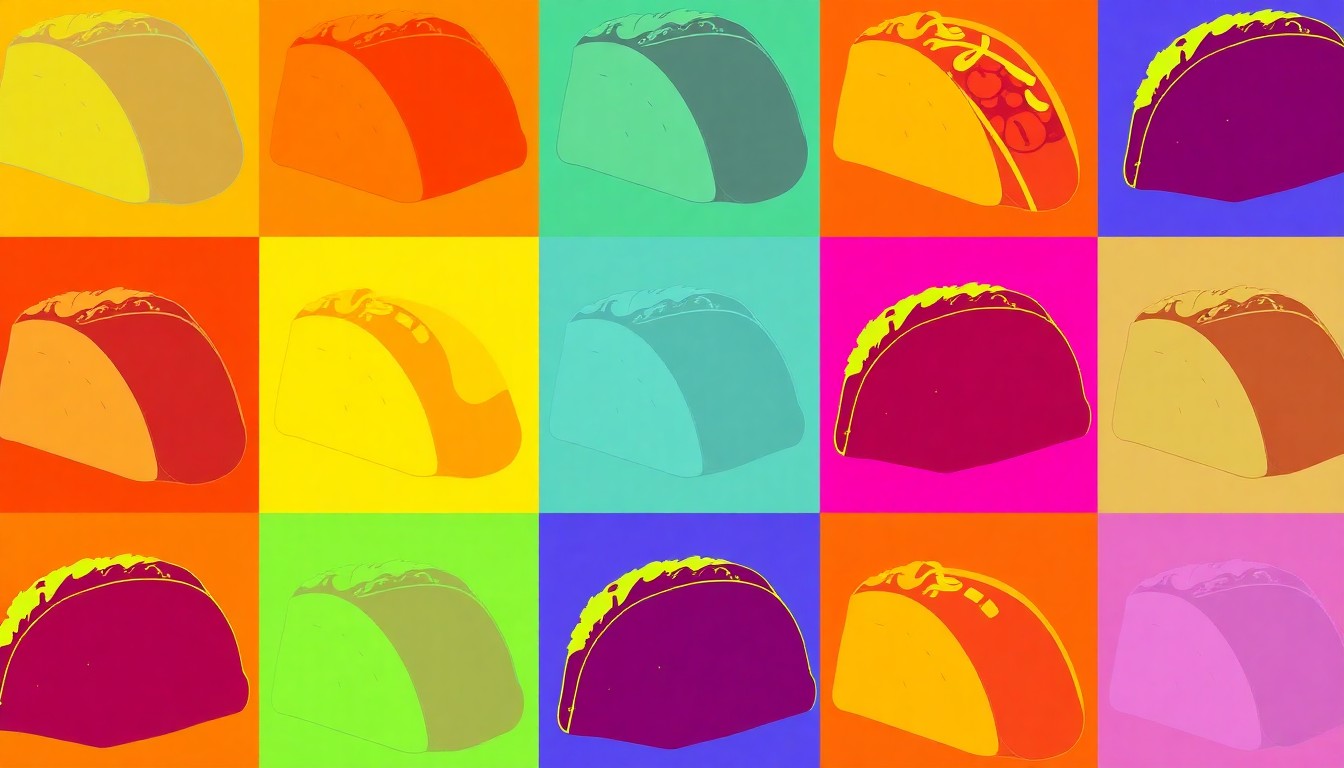 A brightly colored, high-contrast silkscreen print of a single, iconic Mexican food item repeated in a tight grid pattern, capturing the bold flavors and lively atmosphere of El Maguey Mexican Restaurant.