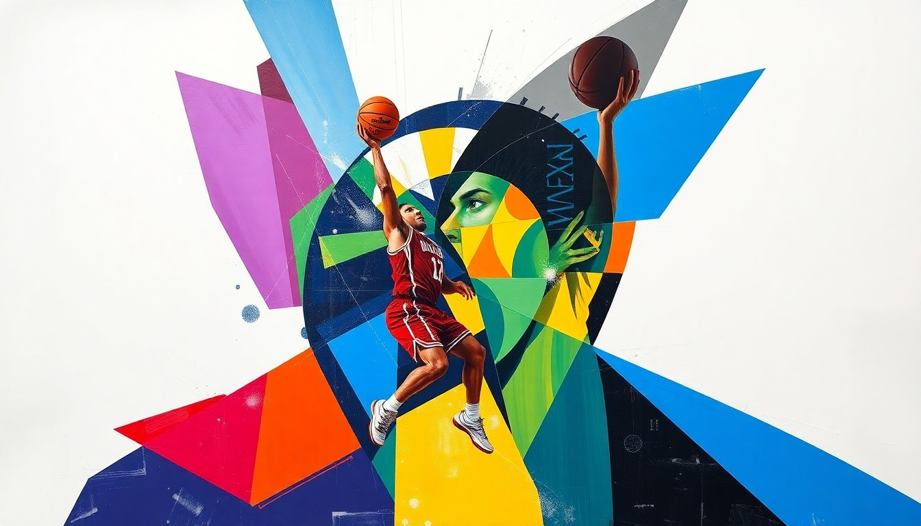 A fragmented, cubist-style painting depicting the climactic moments of a basketball game, with sharp geometric shapes in the team colors of the Sacramento Kings and New Orleans Pelicans overlapping to represent the intense action on the court.