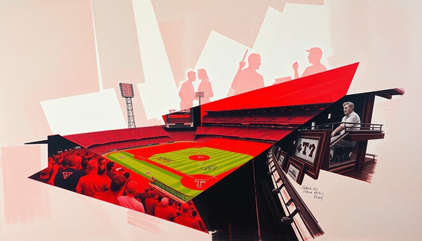 A cubist, geometric painting depicting a Texas Tech softball game, with the players and field broken down into sharp, overlapping planes of red and black, conceptually representing the team's ability to bounce back and fight through adversity.