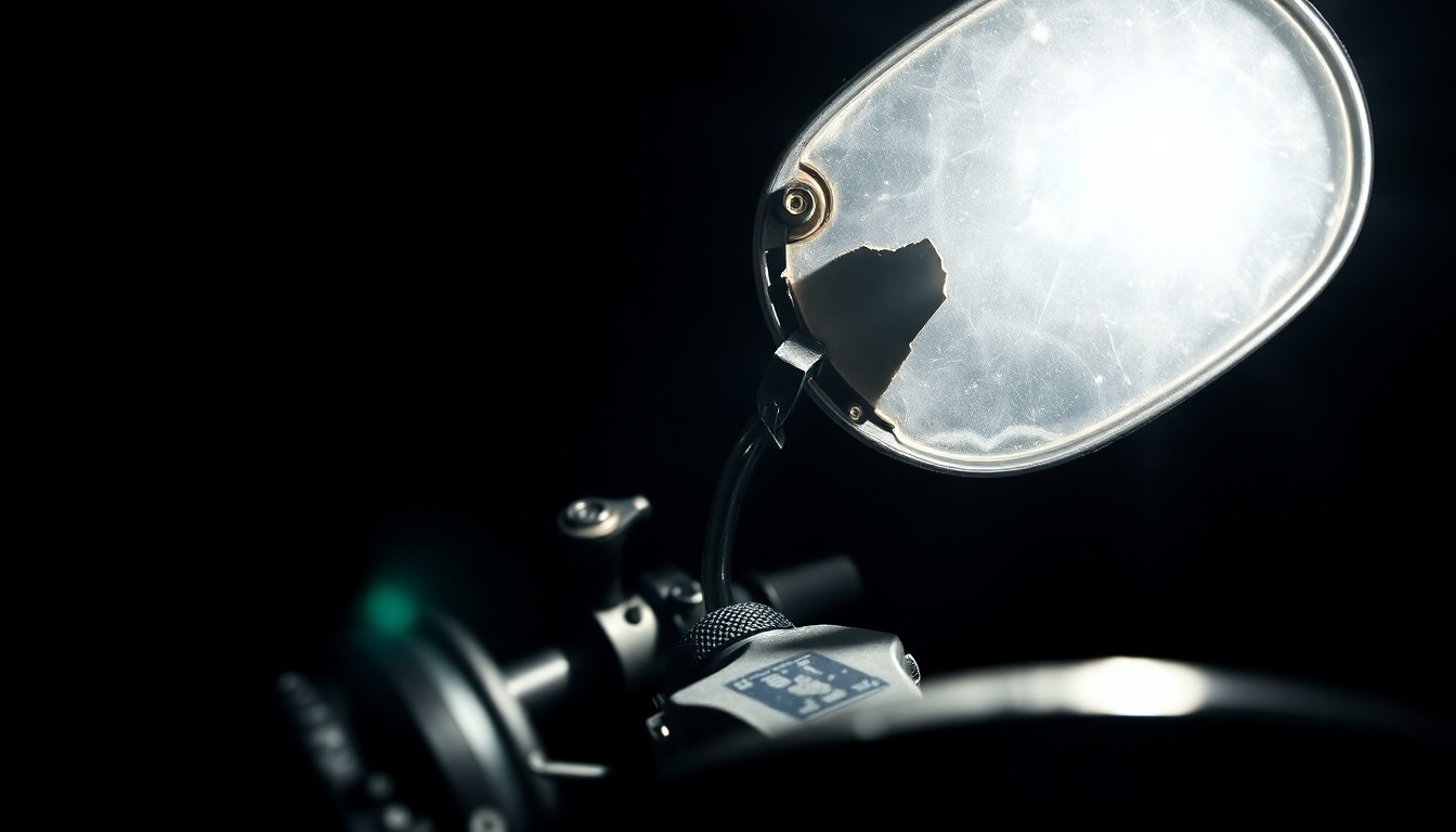 An extreme close-up photograph of a damaged motorcycle part, such as a broken mirror or twisted handlebar, lit by a harsh, direct camera flash against a pitch-black background, conceptually illustrating the gritty aftermath of a fatal crash.