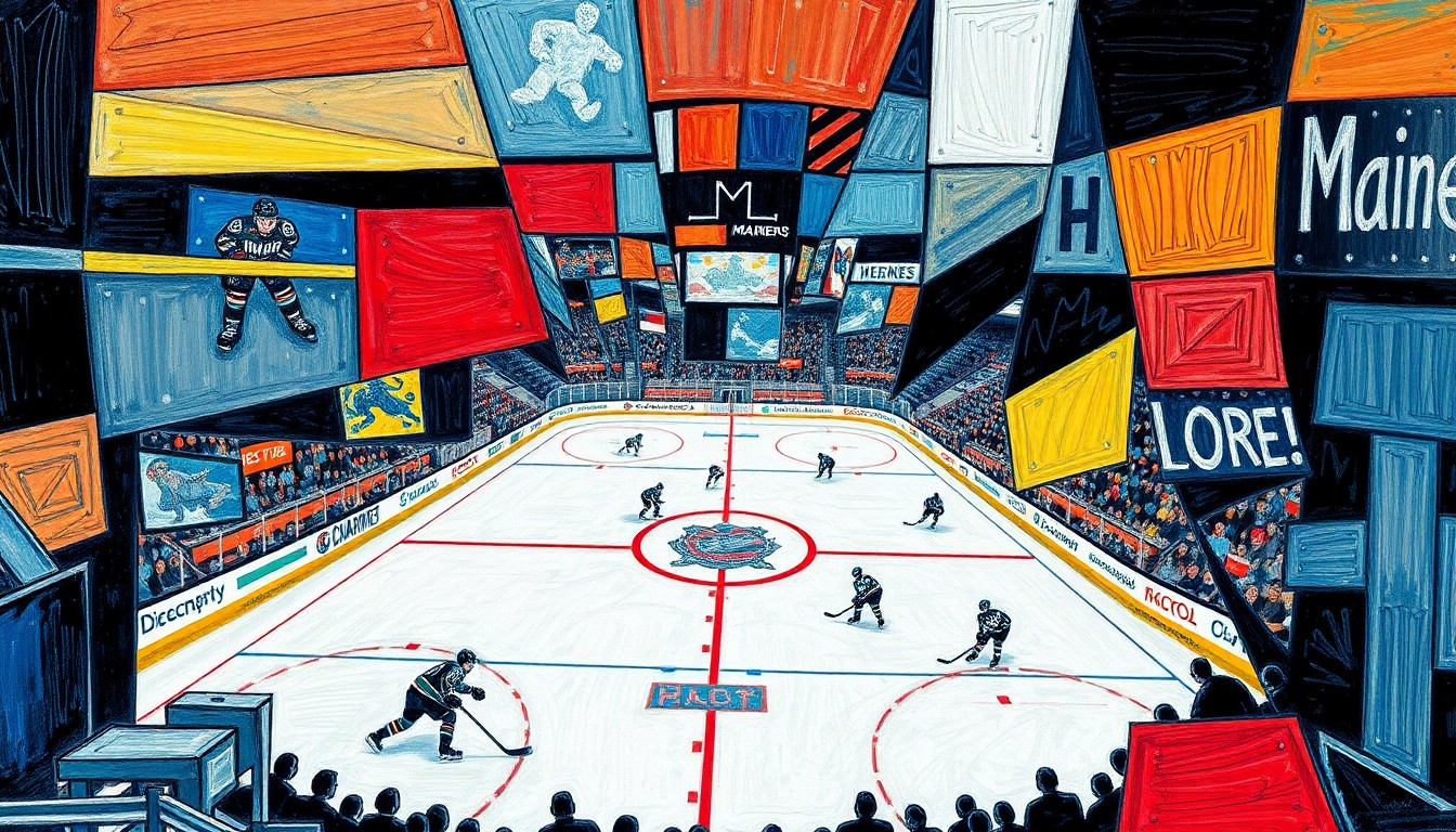 A cubist, geometric painting depicting a hockey game, with players and the puck fragmented into overlapping angular shapes and planes in a vibrant color palette.