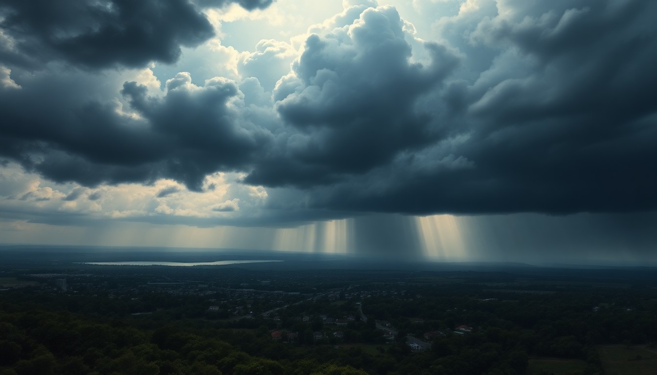A sweeping, atmospheric landscape painting in muted tones of gray, blue, and green, depicting a coastal town shrouded in a heavy rainstorm, with dark clouds obscuring the horizon and rain falling in the distance.