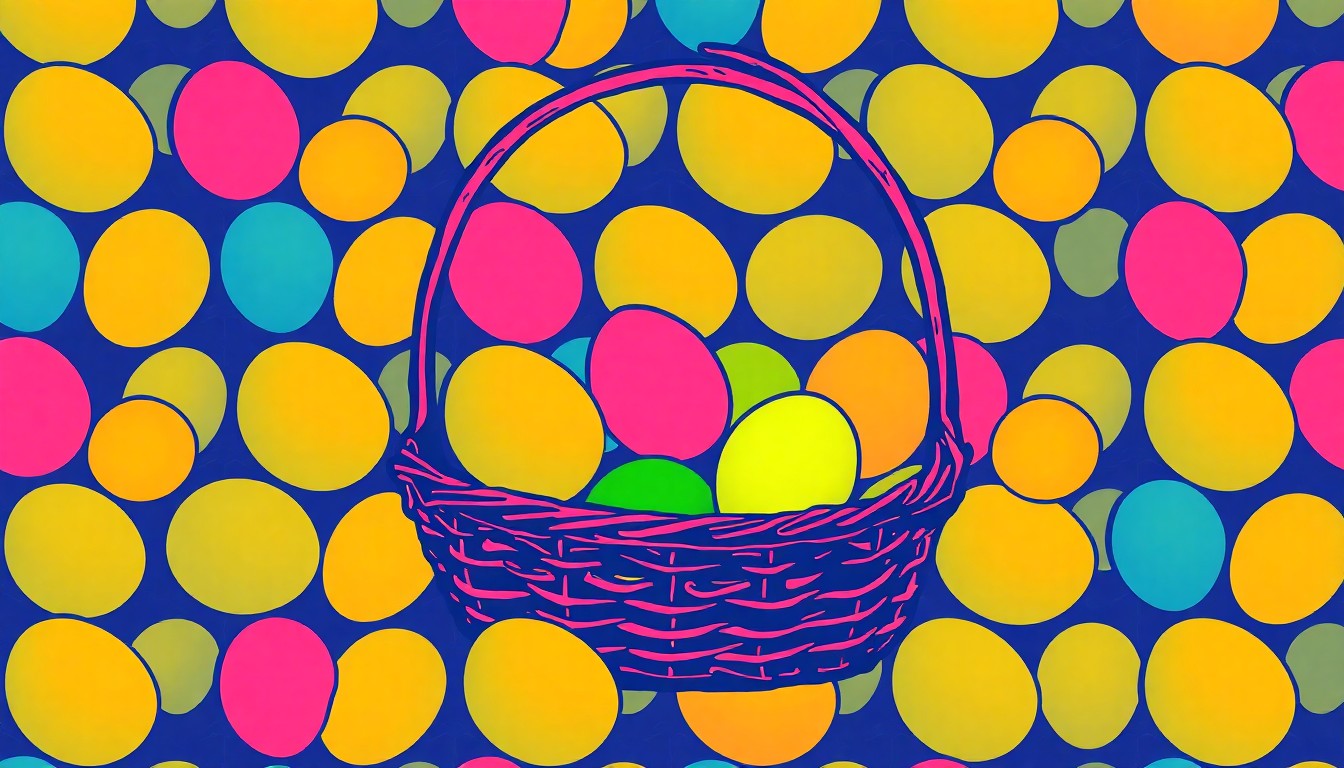 A bold, stylized silkscreen illustration of a colorful Easter basket filled with vibrant eggs, repeated in a grid pattern to capture the celebratory energy of the Vacaville Easter event.