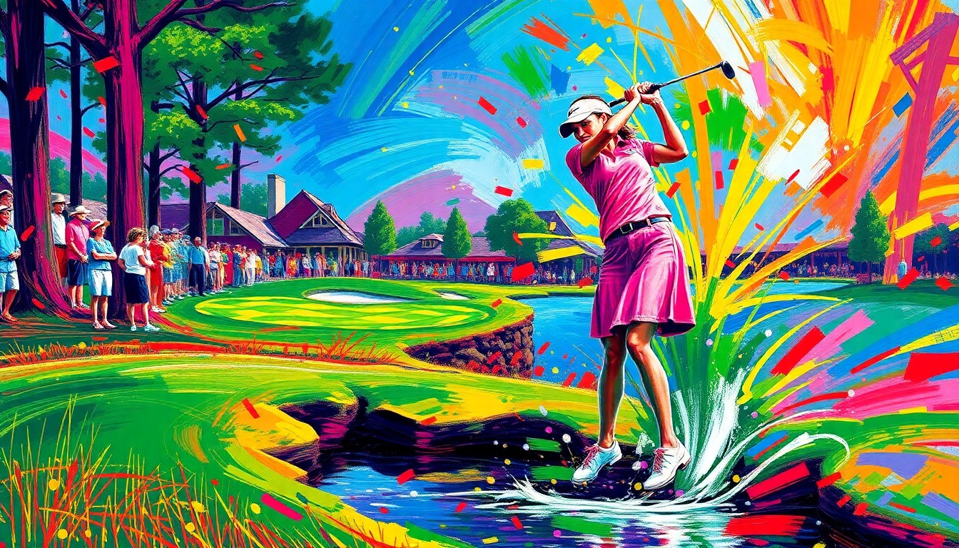 An abstract expressionist painting in vibrant neon colors depicting the dramatic moment of a golfer's ball staying on the bank above a creek, capturing the raw energy and emotion of the tournament victory.