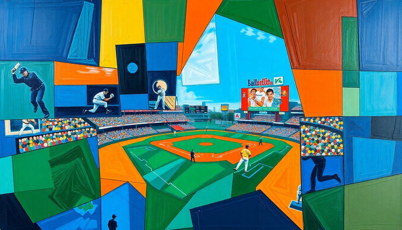 A fractured, cubist-style painting depicting a baseball game or match, with sharp, overlapping geometric shapes in vibrant colors like deep blue, bright orange, and rich green, capturing the dynamic energy of the sport.
