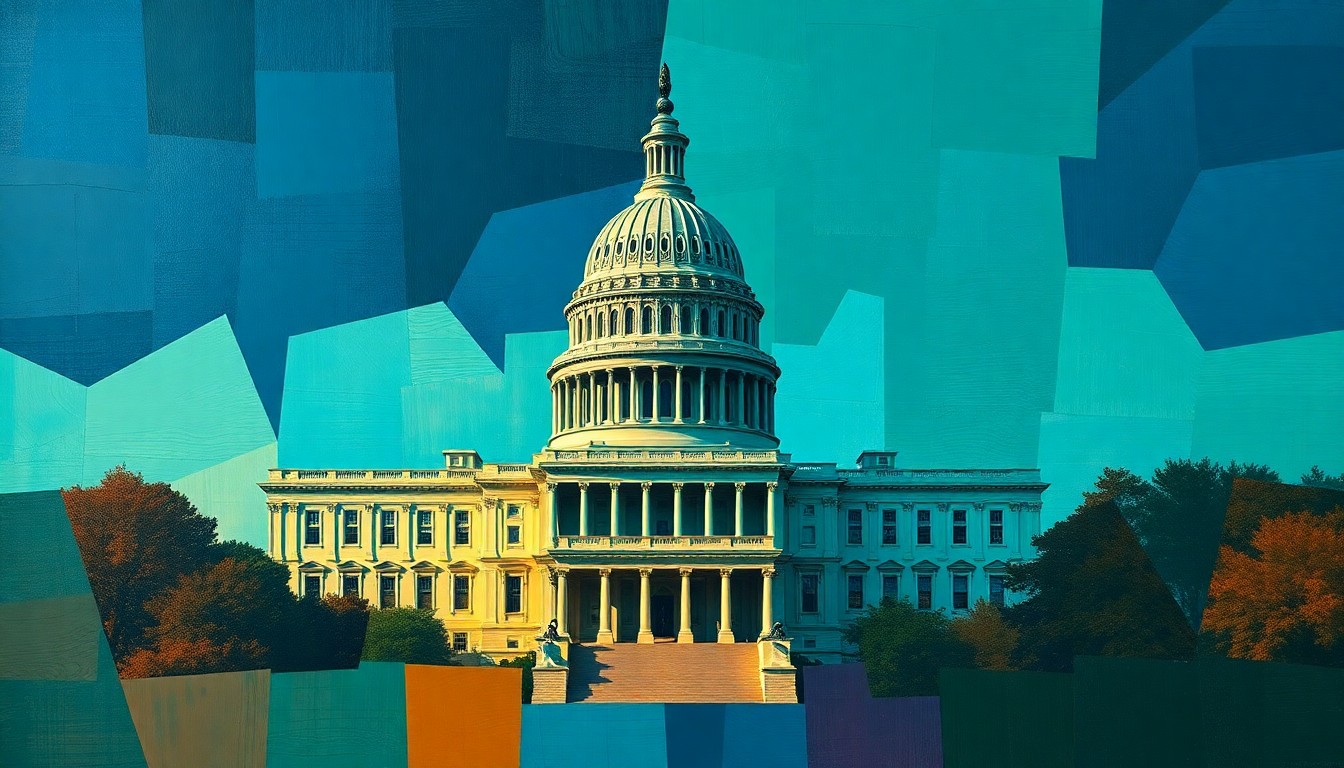 A fractured, abstract painting depicting the U.S. Capitol building in overlapping geometric shapes and vibrant colors, conveying a sense of political conflict and competing priorities.
