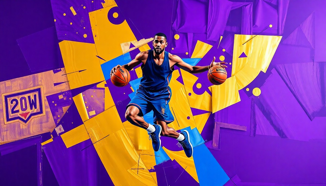 A cubist, geometric painting depicting a basketball player in mid-motion, with their form broken down into sharp, overlapping planes of deep purple, royal blue, and metallic gold, conveying the fragmented nature of the Lakers' injury crisis.