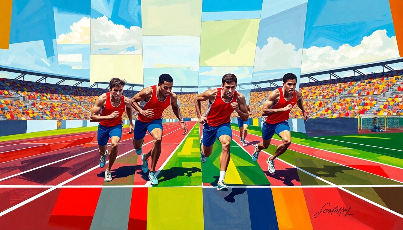 A fractured, multi-perspective painting depicting the Servite 4x100m relay team's record-breaking performance, with sharp, overlapping geometric planes in vibrant colors representing the team's uniforms and the track field backdrop.