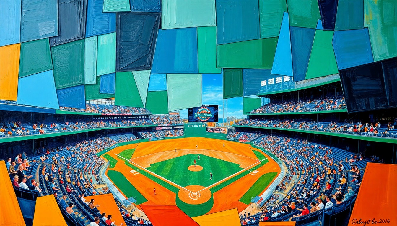 A cubist-style painting featuring overlapping geometric shapes and planes in navy blue, orange, and emerald green, capturing the dynamic action of a baseball game without any identifiable players or logos.