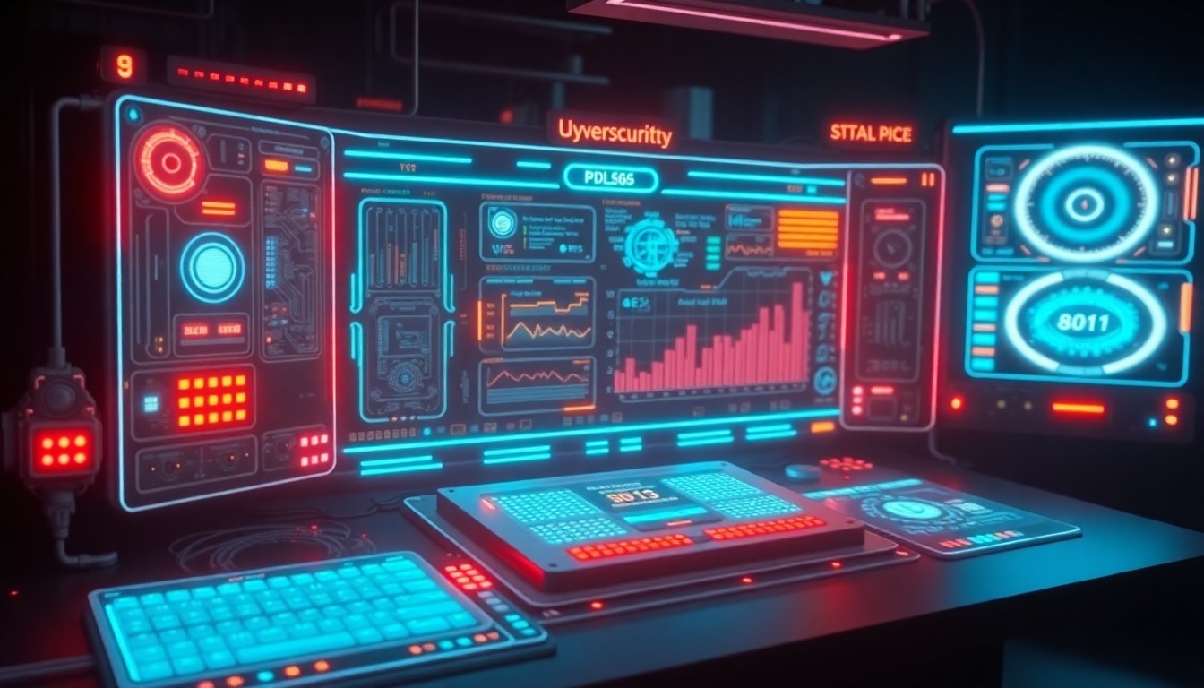 A highly detailed, glowing 3D illustration of a futuristic cybersecurity control panel with pulsing neon lights, complex circuit boards, and holographic data visualizations, conceptually representing the advanced technology used to protect businesses from digital threats.
