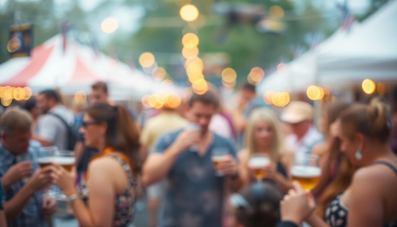 An abstract, impressionistic scene of blurred, colorful shapes and figures representing people enjoying drinks and socializing at an outdoor festival, conveying the celebratory mood and community spirit of the event.