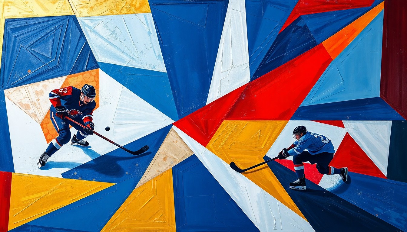 A cubist, geometric painting depicting the dynamic movements and energy of a hockey game, with overlapping shapes and planes in shades of blue, red, and gold.