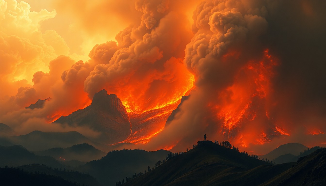 A vast, atmospheric landscape painting depicting a raging wildfire, with dramatic clouds of smoke and flames consuming the horizon and dwarfing any physical structures in the scene.